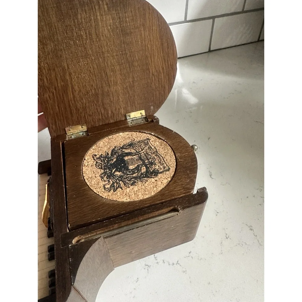 Vintage 1975 Enesco Baby Grand Piano Wooden Coaster Set 6 Cork Coasters